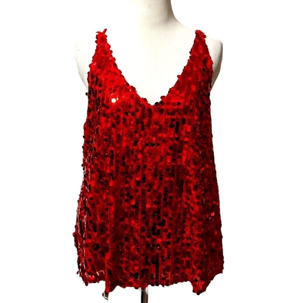 Red sequin strappy tank, holiday, medium
